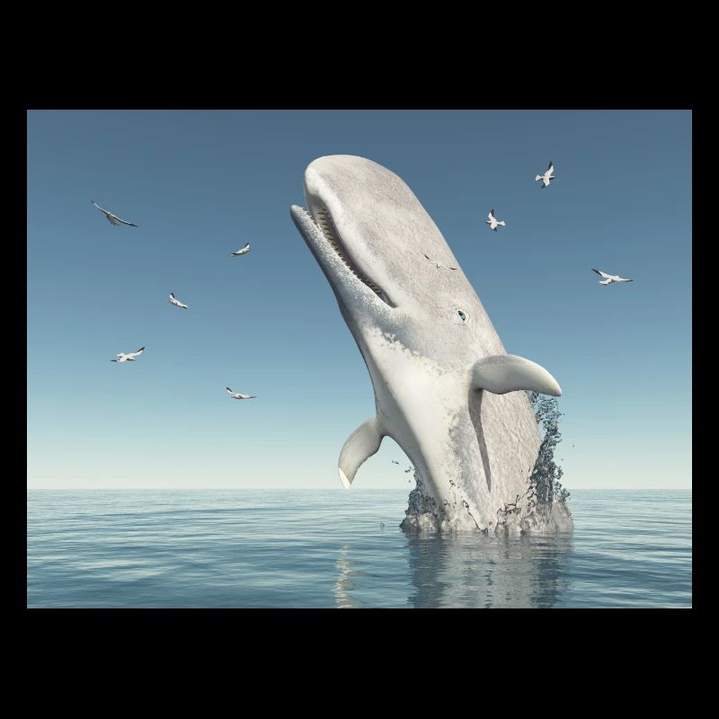 Emerging sperm whale and seagulls