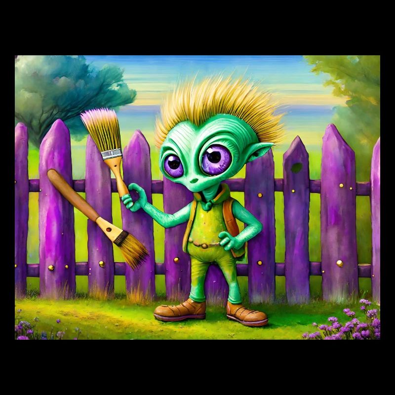 mignon petit extraterrestre rétro vert peinture une clôture