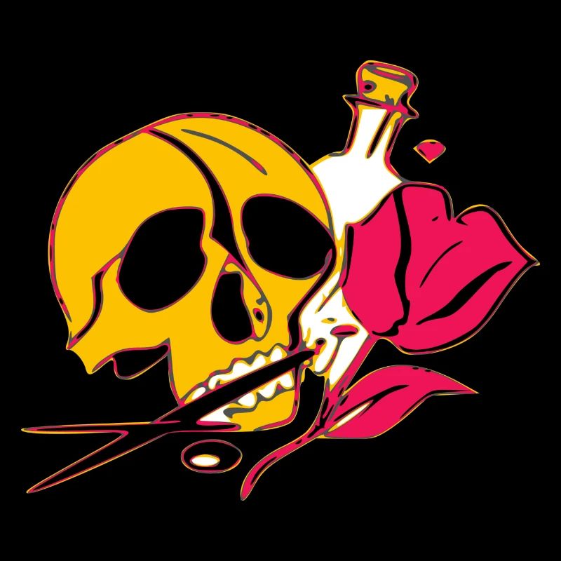 Crâne, bouteille et rose