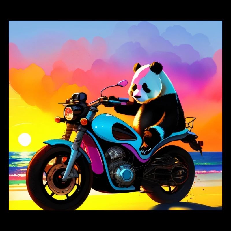 Panda à moto au coucher du soleil