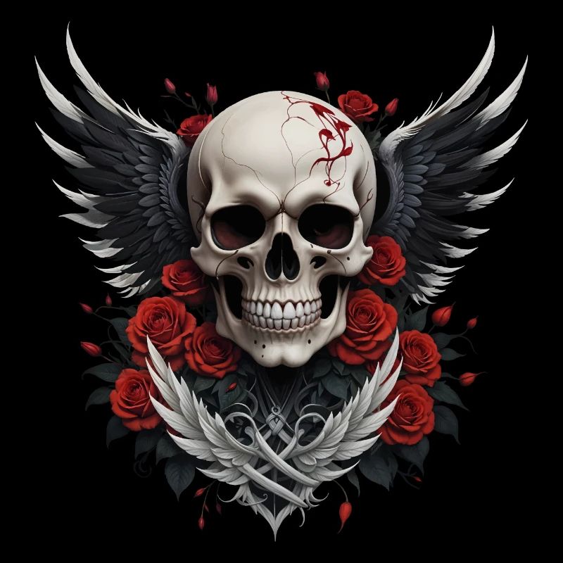 Winged skull & red roses, gothic, skull