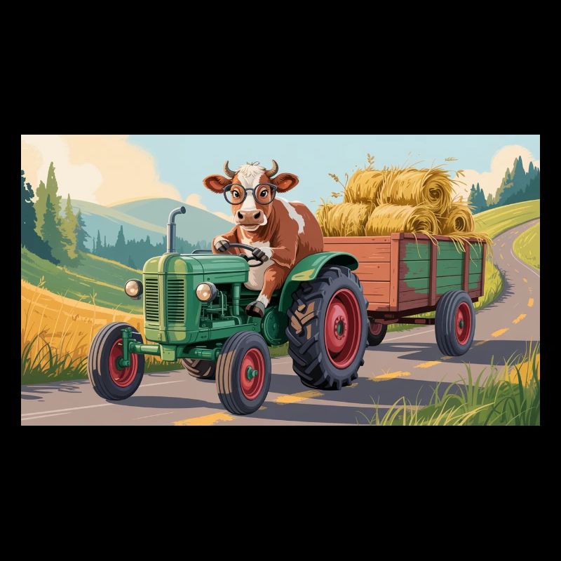 Vache sur tracteur vert avec chariot à foin