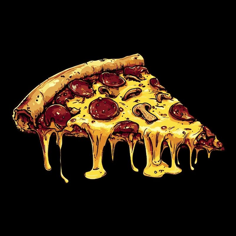 Pizza dessin animé avec du salami, des champignons et beaucoup de fromage