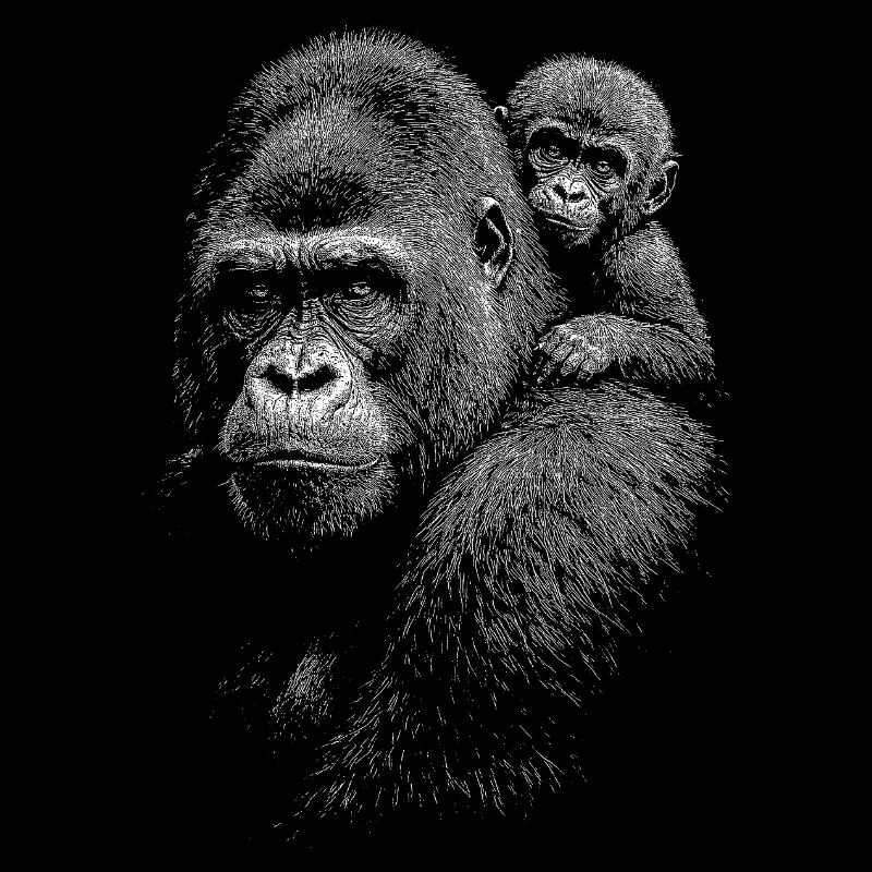 Gorille avec un petit en noir et blanc