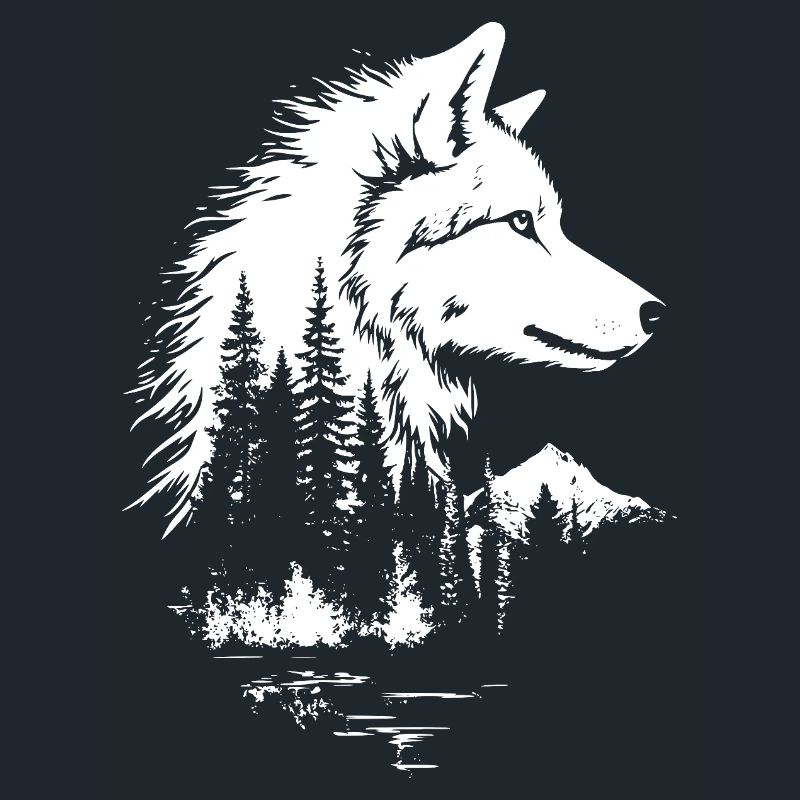 Silhouette de forêt avec visage de loup en noir et blanc