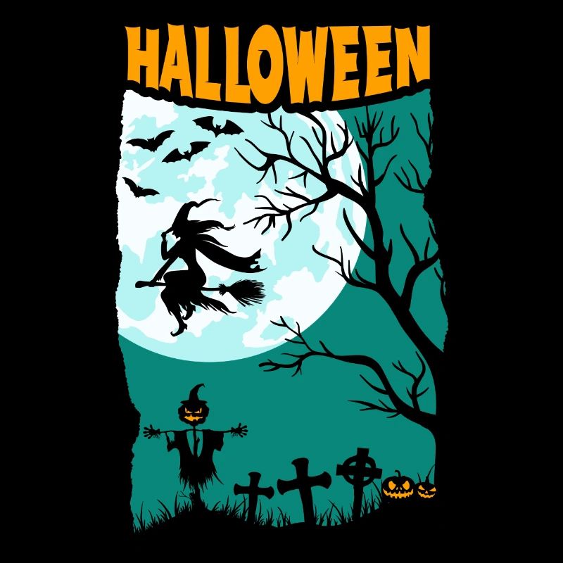 Halloween with witch full moon pumpkins and cemetery