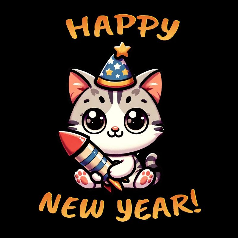 Neujahr Sylvester Katze Rakete Süß Comic Happy New