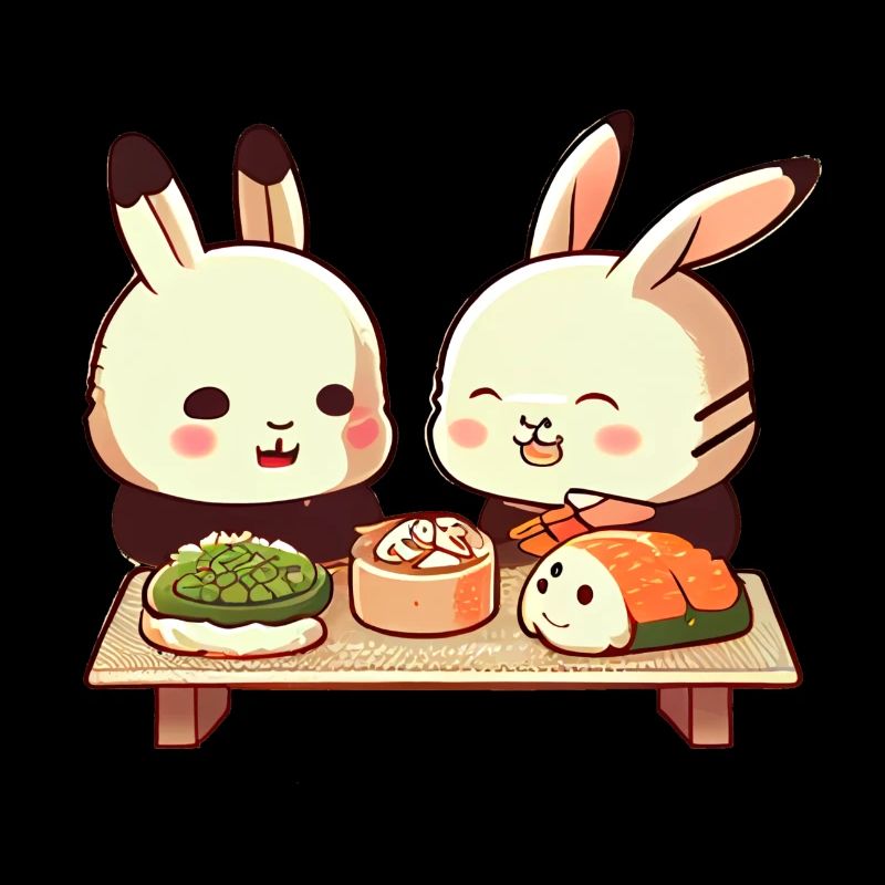 De mignons lapins comiques mangent des sushis ensemble