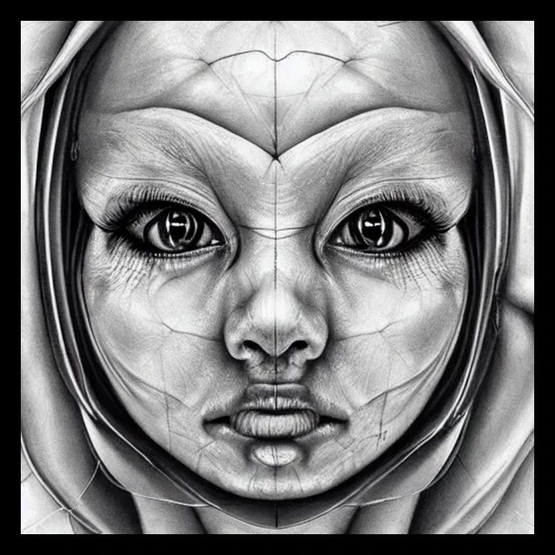 Human-Alien. Face in black and white