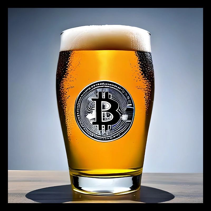 Bitcoin logo auf gefülltem Bierglas