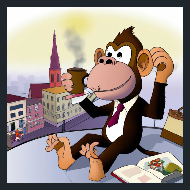 Cool monkey drinks a latte macchiato in the café