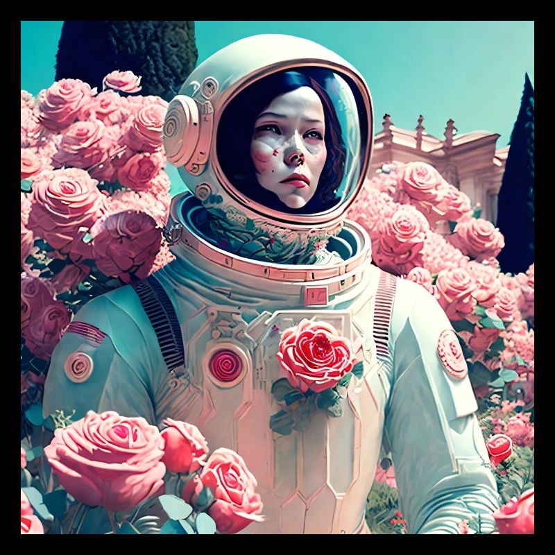 Astronaut im Rosengarten bei Sonnenschein
