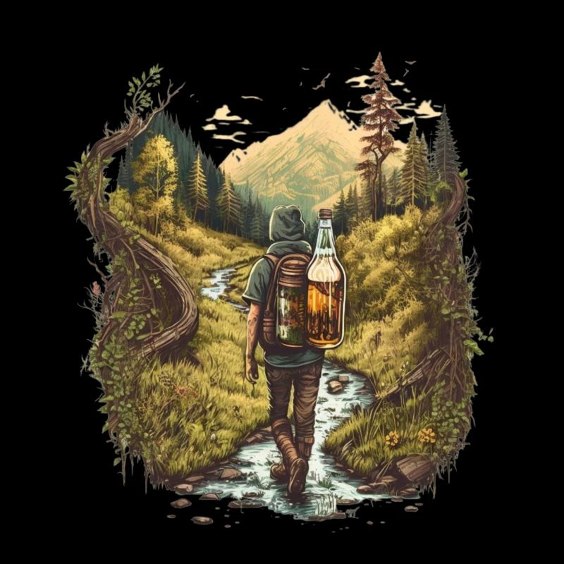 Wanderer am Fluss mit Bier im Rucksack