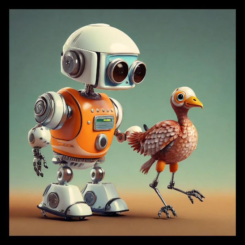 cute little orange robot is walking with its alien