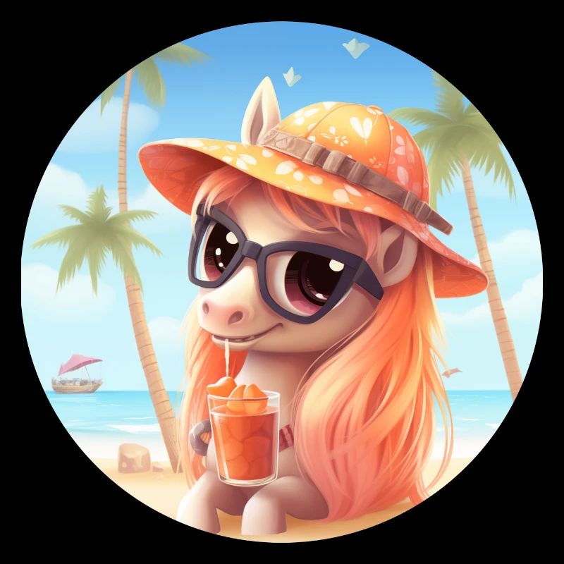 Pony mit Cocktail am Strand