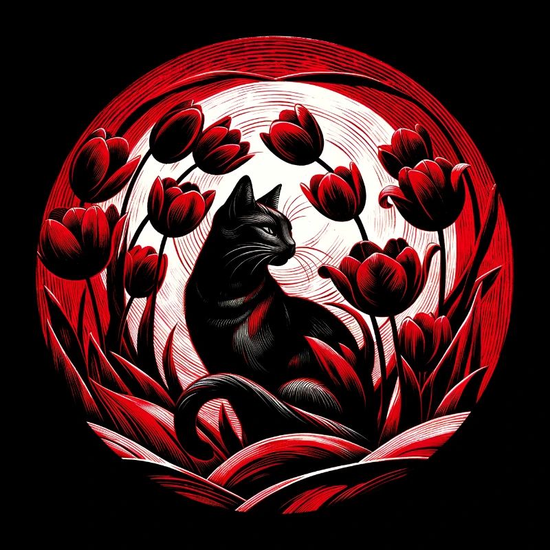 Chat noir Tulipes rouges
