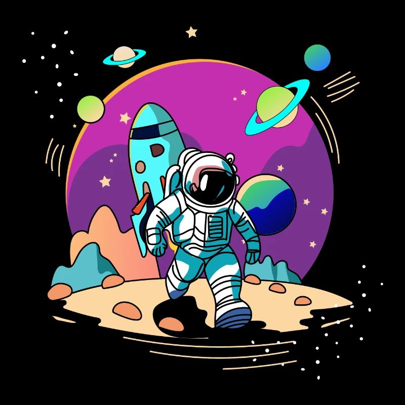 Space astronaut walking in alien planet and rocket