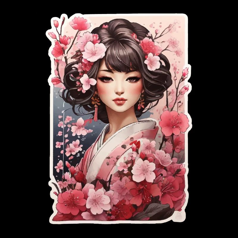 Woman in kimono with cherry and plum patterns