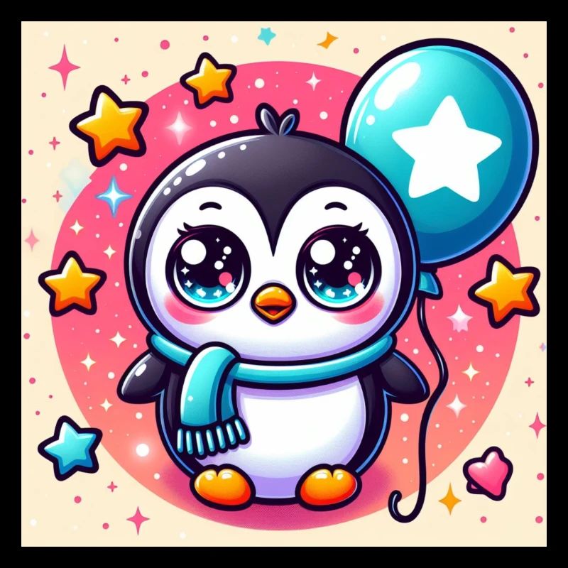 Pingouin mignon avec écharpe, ballon et étoiles