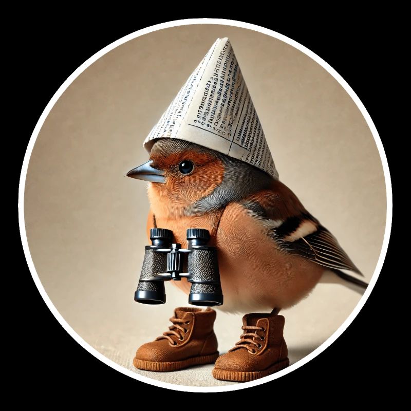 Chaffinch with newspaper hat, binoculars and shoes