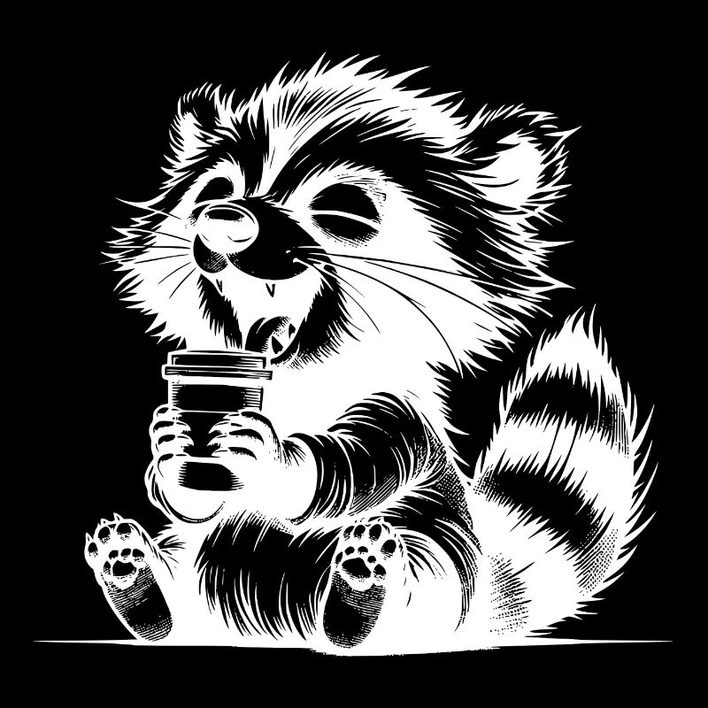 Funny raccoon as a coffee junkie with mug