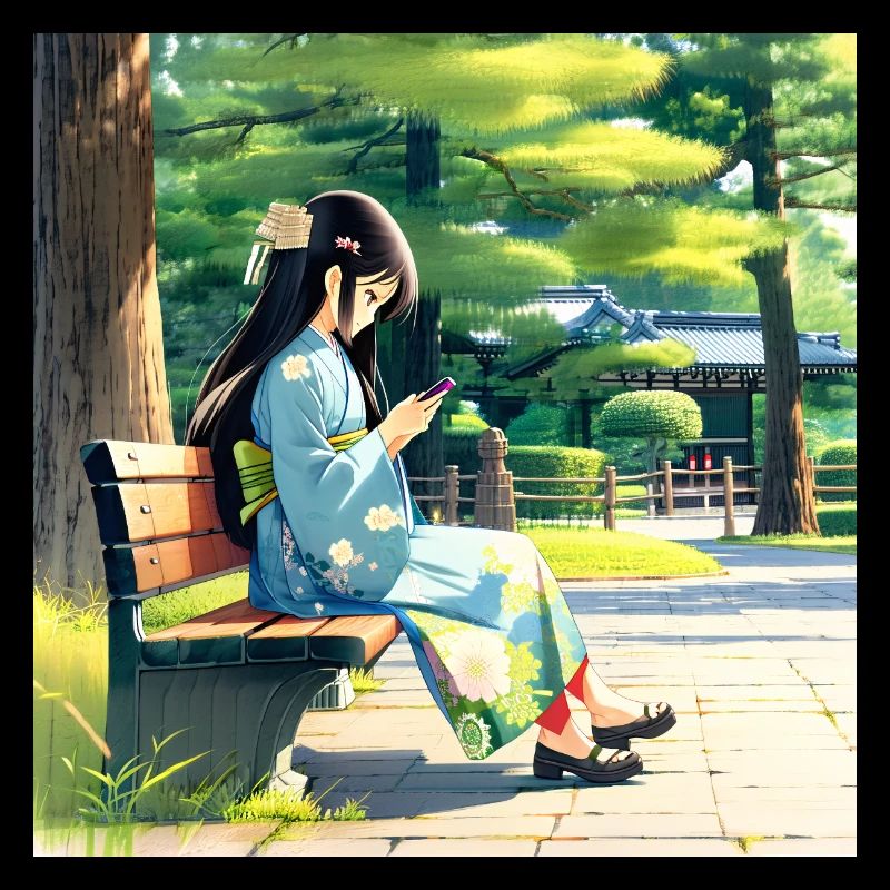 N-dless Nights: Anime-Mädchen im Kimono mit Handy