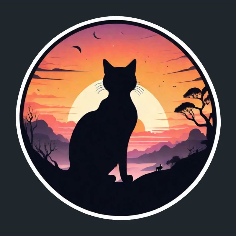 chat, paysage et coucher de soleil
