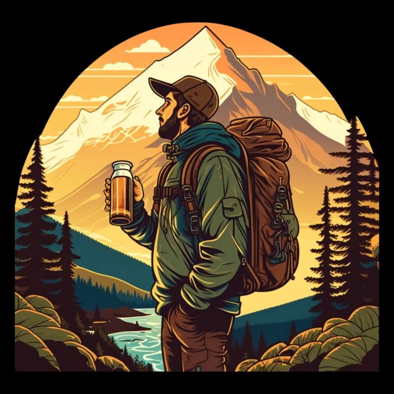 Wanderer mit Rucksack und Bier in den Bergen