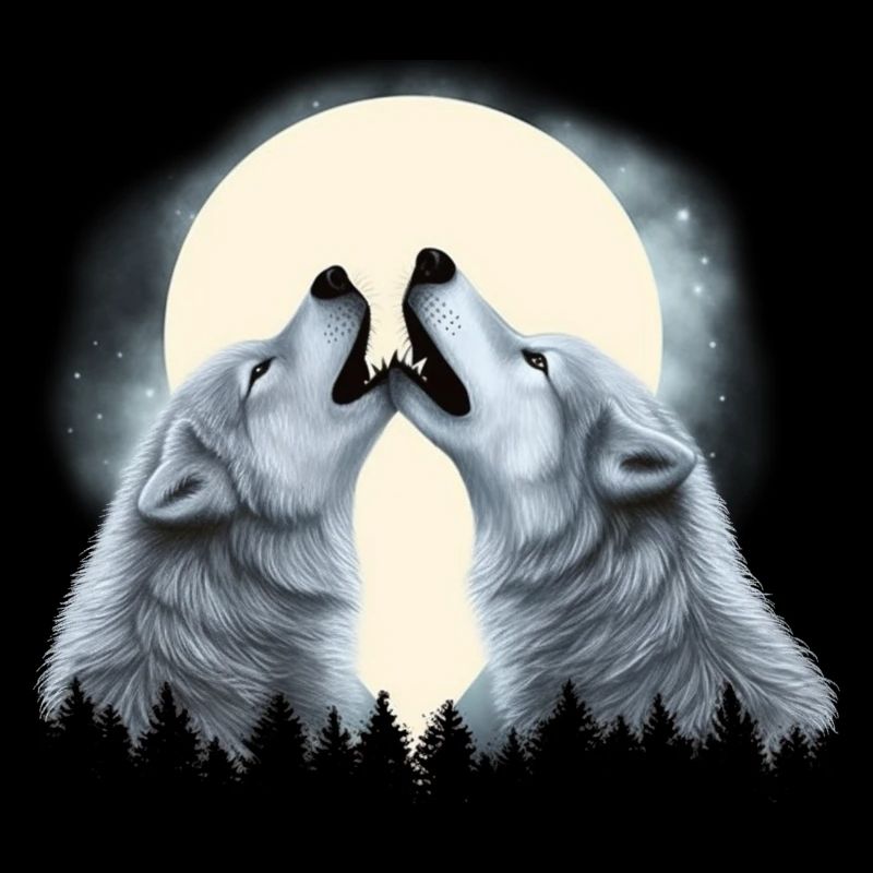 Deux loups hurlant à la Lune Couple de loups