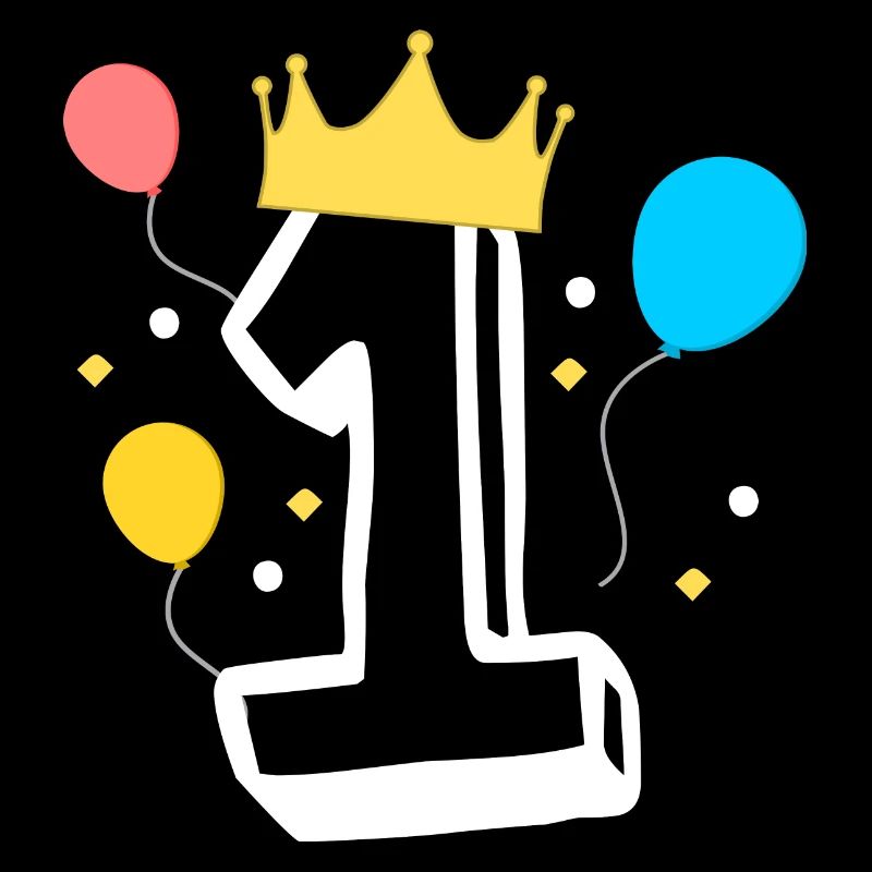 Zahl 1 mit einer Krone und Ballons