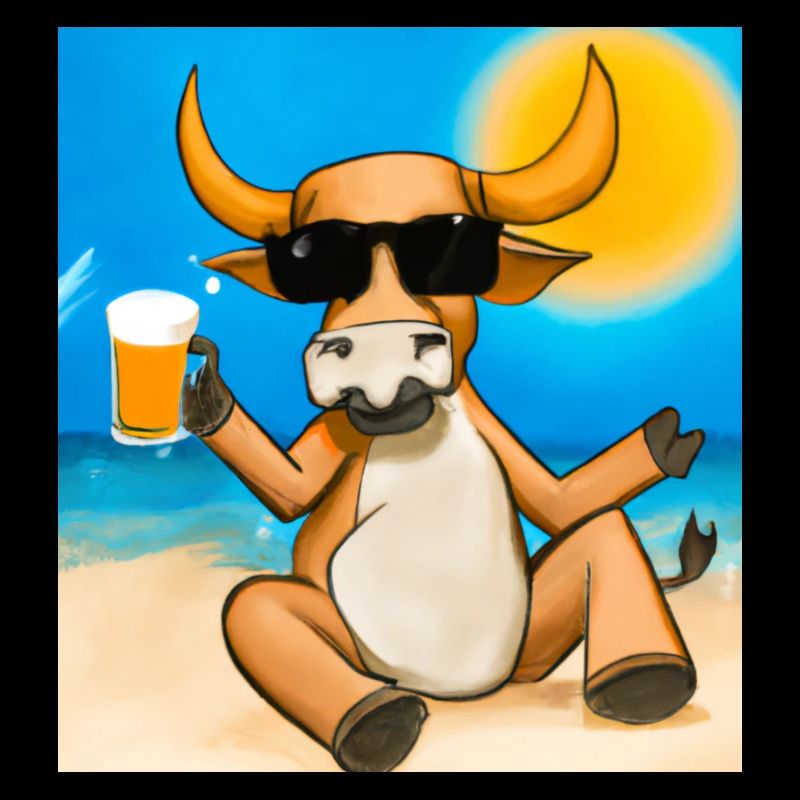 Taureau avec lunettes de soleil et bière sur la plage dorée