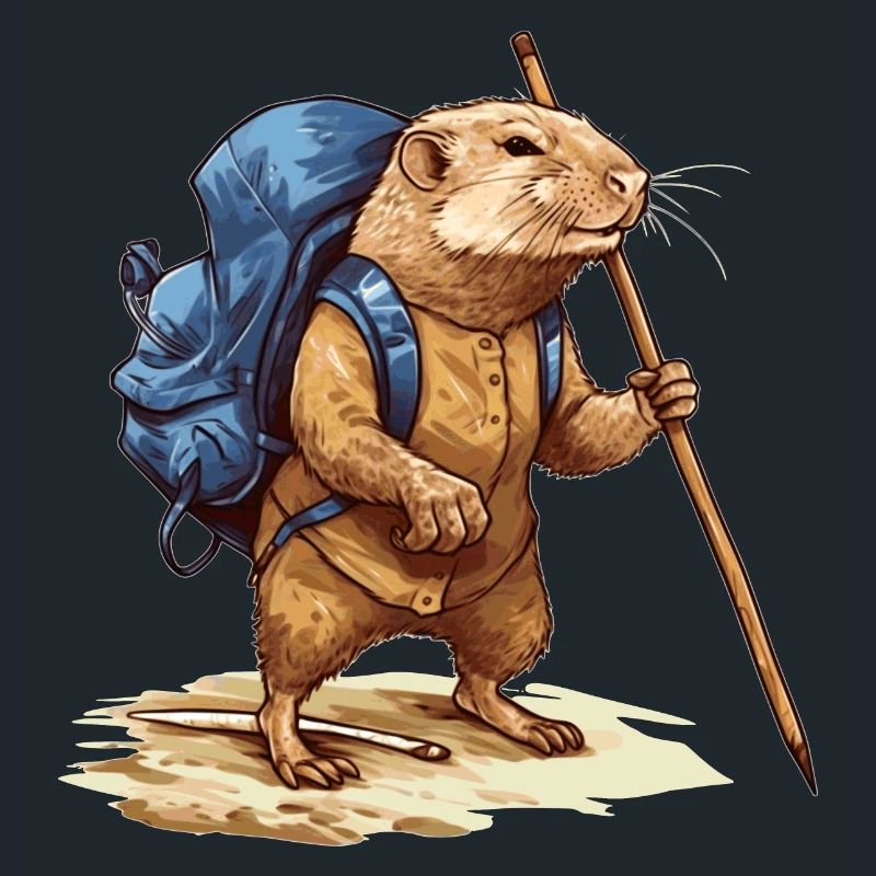 Mole rat with backpack and walking stick