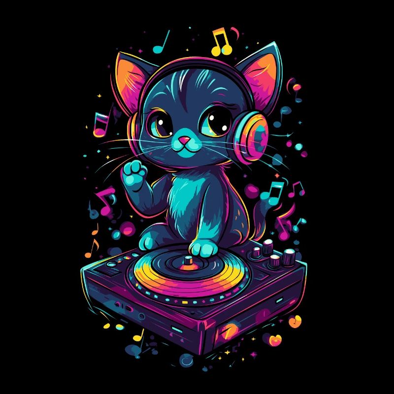 Chat mignon avec des écouteurs et un disque vinyle
