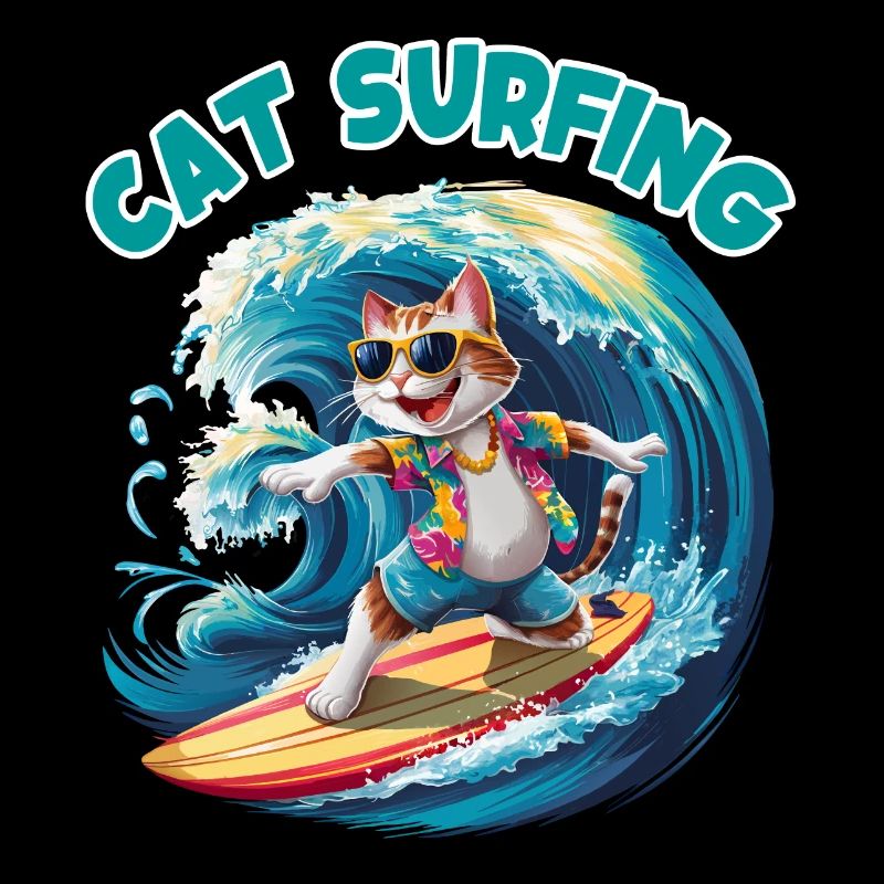 Drôle de chat avec des lunettes de soleil sur une planche de surf