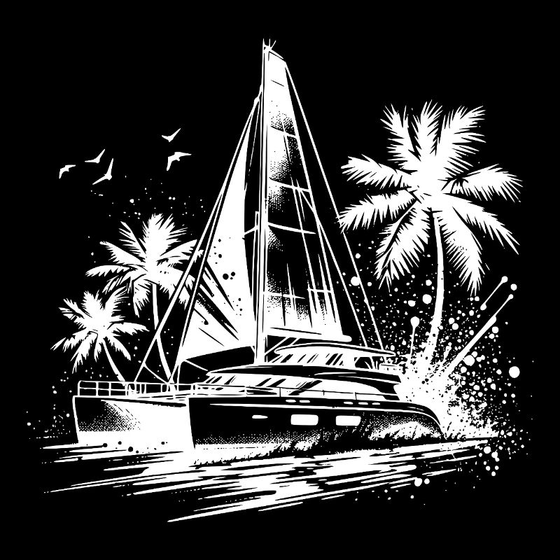 Double hull catamaran sailing boat Caribbean palm trees