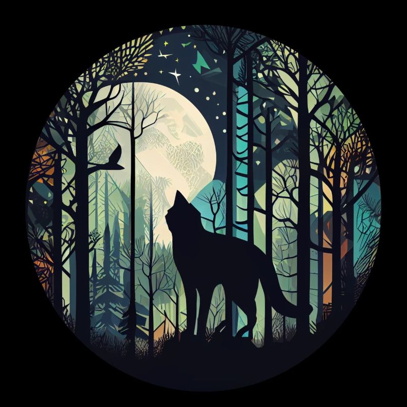 Katze im Wald mit Vollmond, Bäumen
