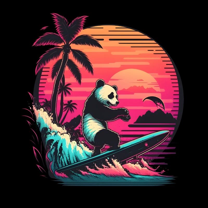 Synthwave surfing Panda Sunset