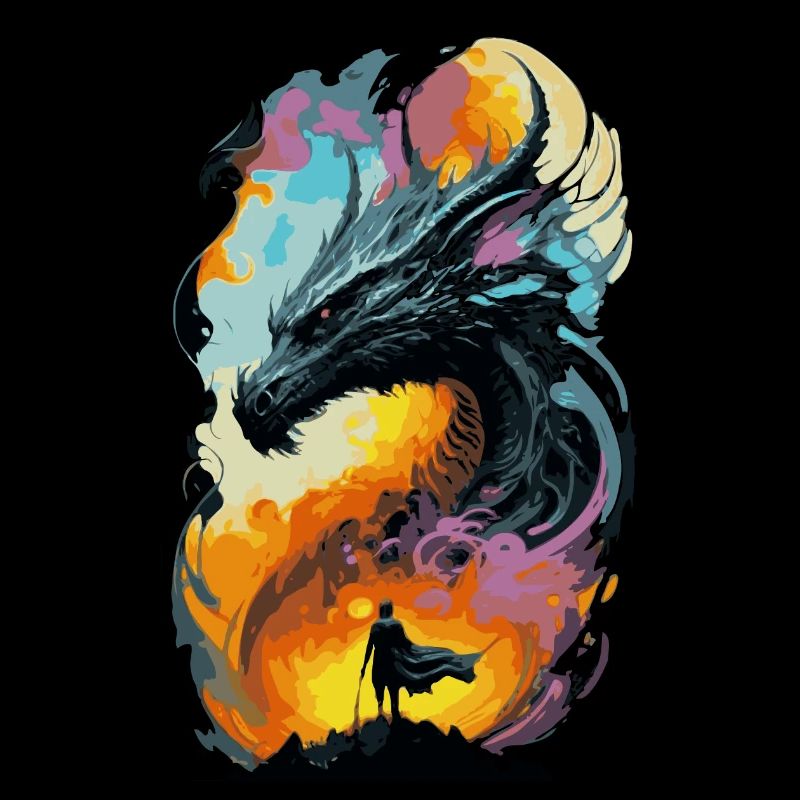 Dragon noir géant en feu
