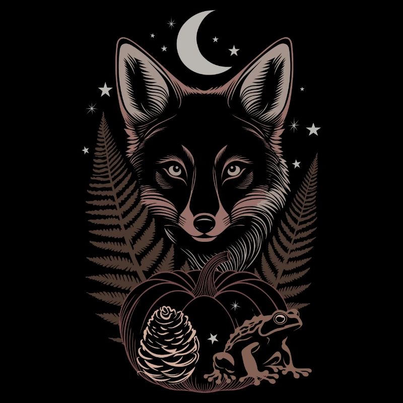 Fuchs mit Farn und Kürbis im Herbstwald