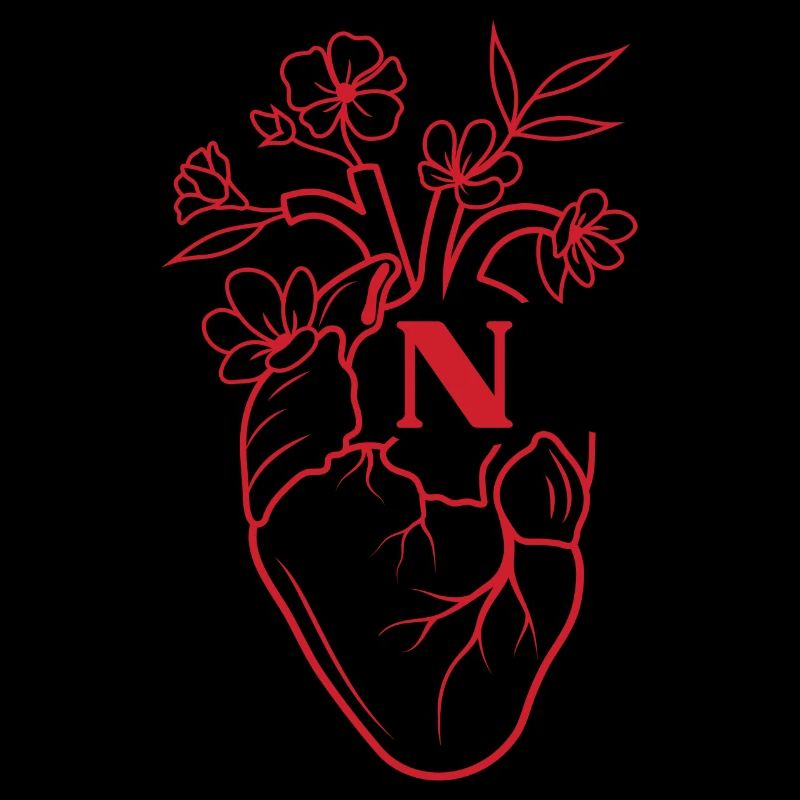 Buchstabe n Herz schwarze florale Anatomie