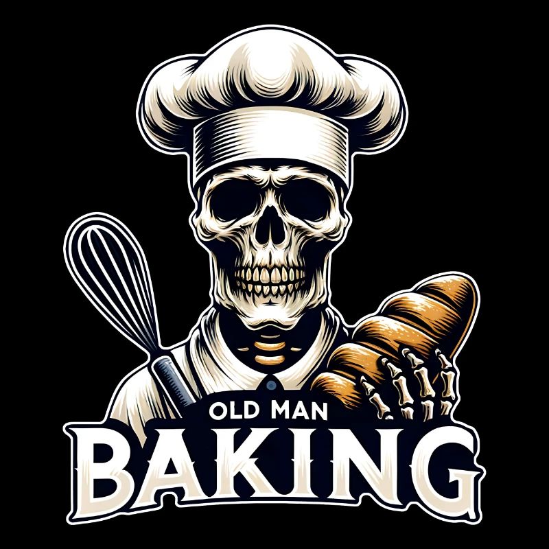 Old Man Baking Skull with Baker's Hat Baking Bread