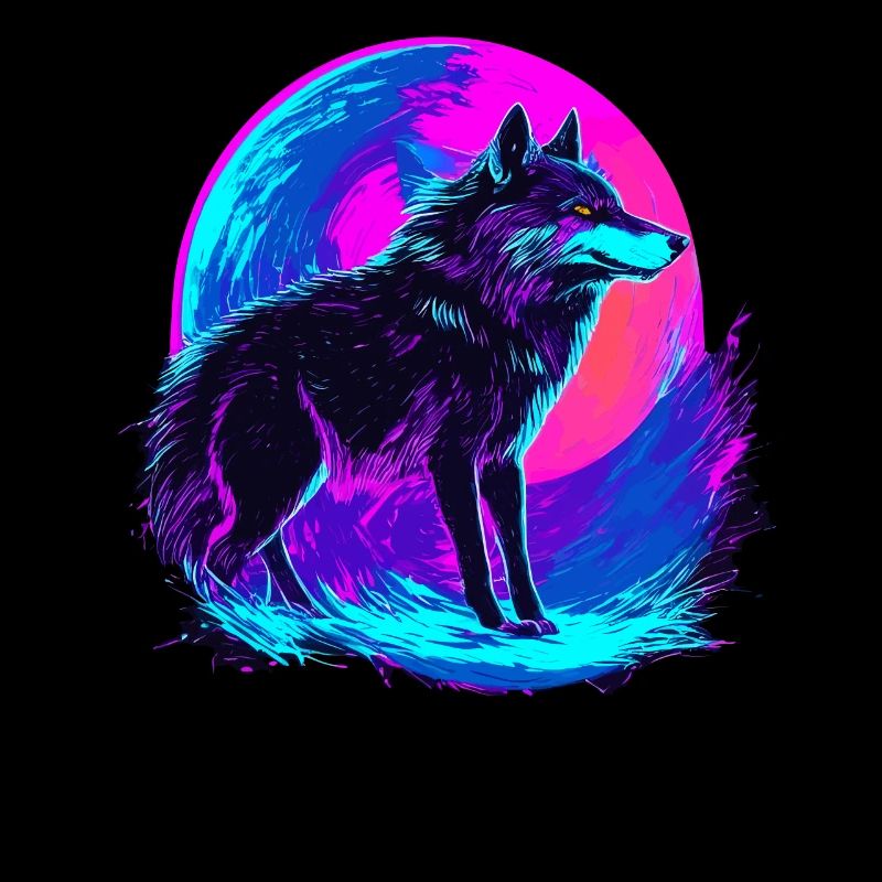 Colorful Wolf Neon Moon Synthwave