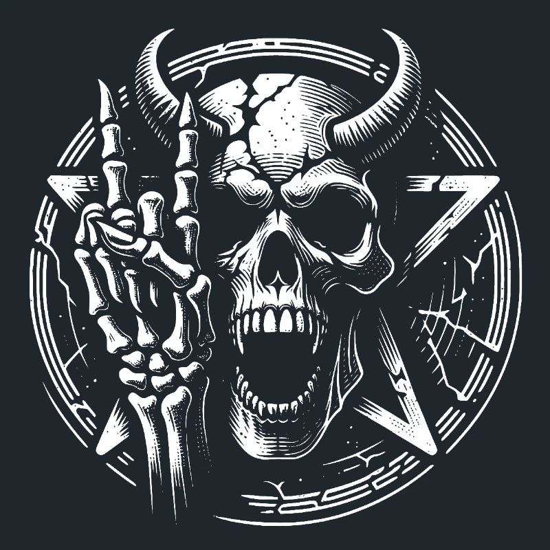 Skull with horns pentagram and devil horns