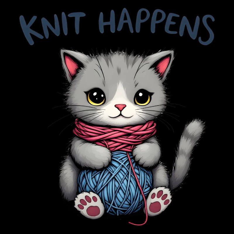 Knit Happens - strickende graue Katze mit Garn