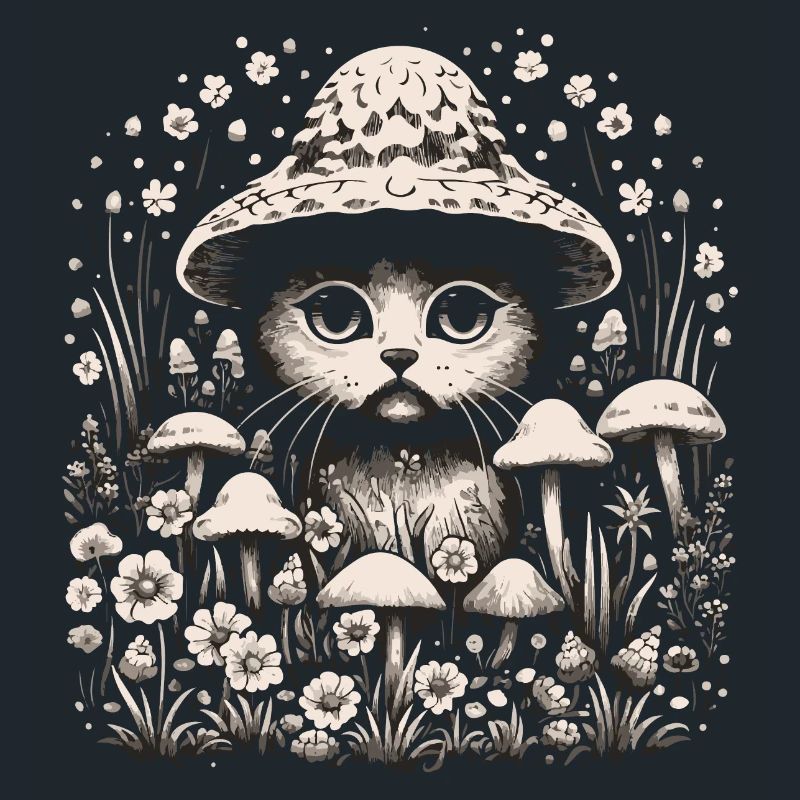 Chat, cottagecore, champignons