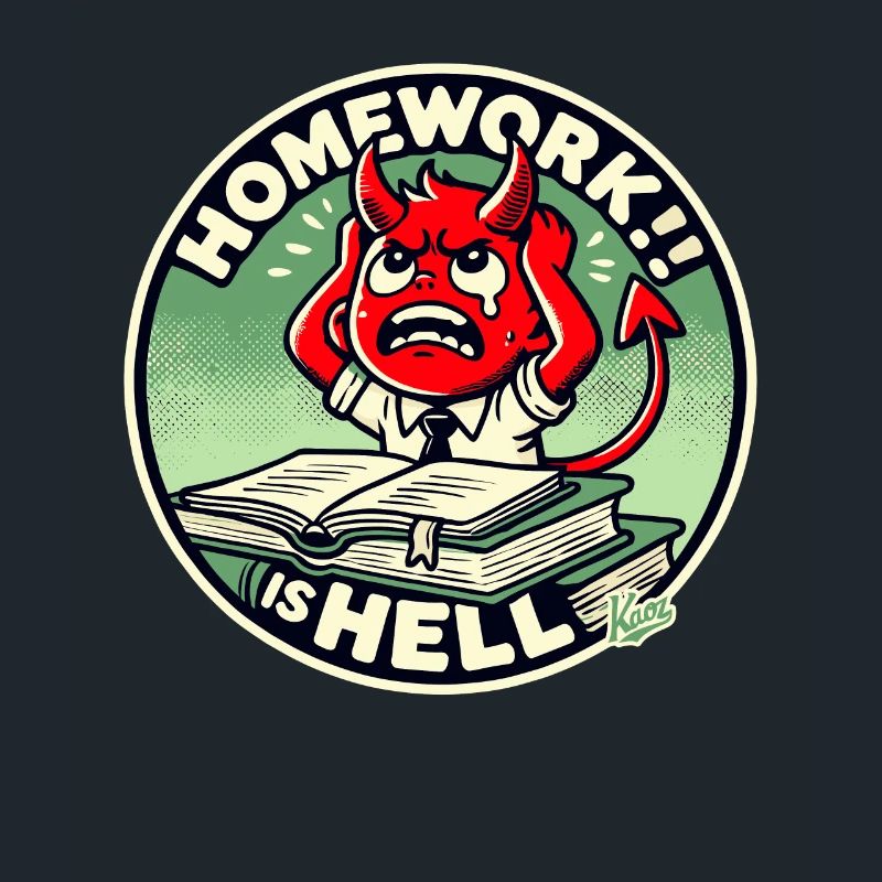 Little devil schoolboy in homework hell