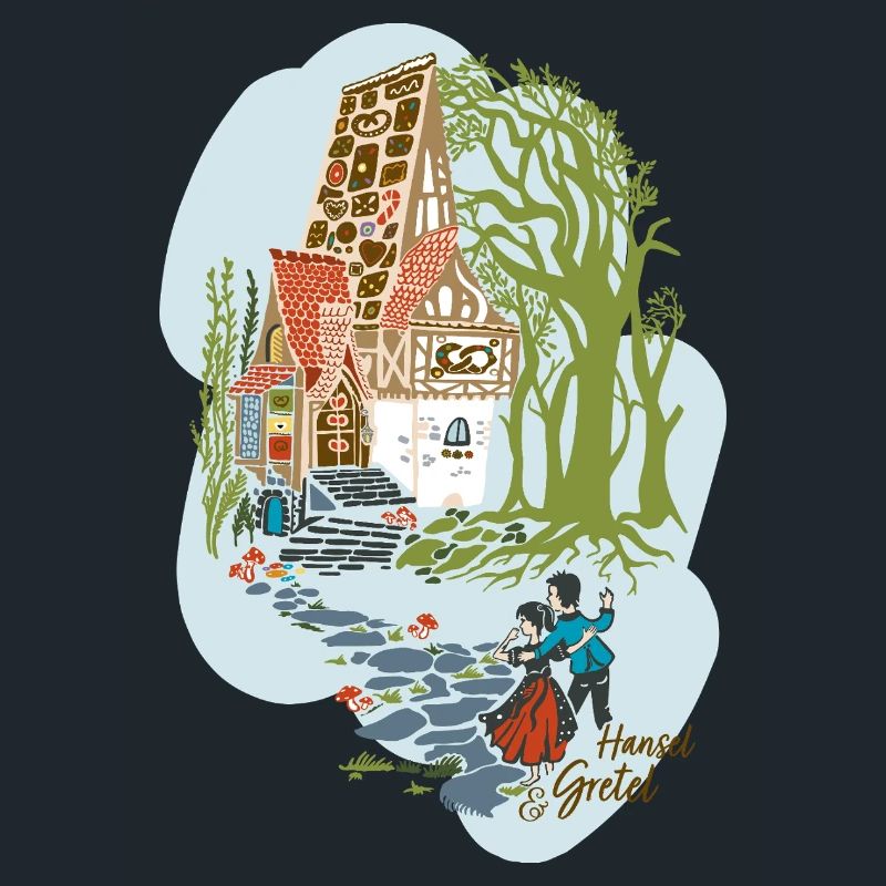 Hansel et Gretel devant la maison de la sorcière