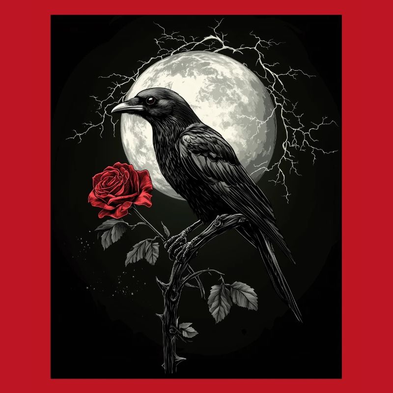 Rabe Rose Mond Düster Gothic Schwarze Krähe