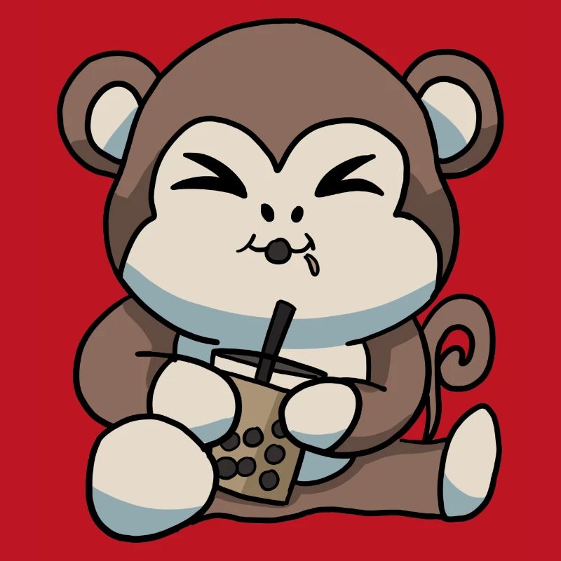 Anime Kawaii Bubble Tea Drinking Monkey Hand Drawn