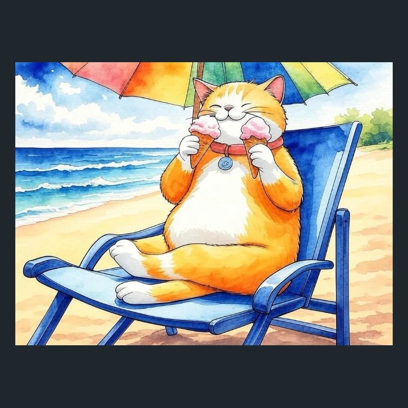 Katze am Strand mit Eiscreme